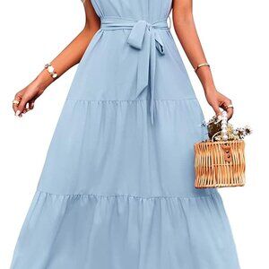 Women's Summer Floral Maxi Sun Dress Sleeveless Halter Neck Flowy Ruffle Hem Lon